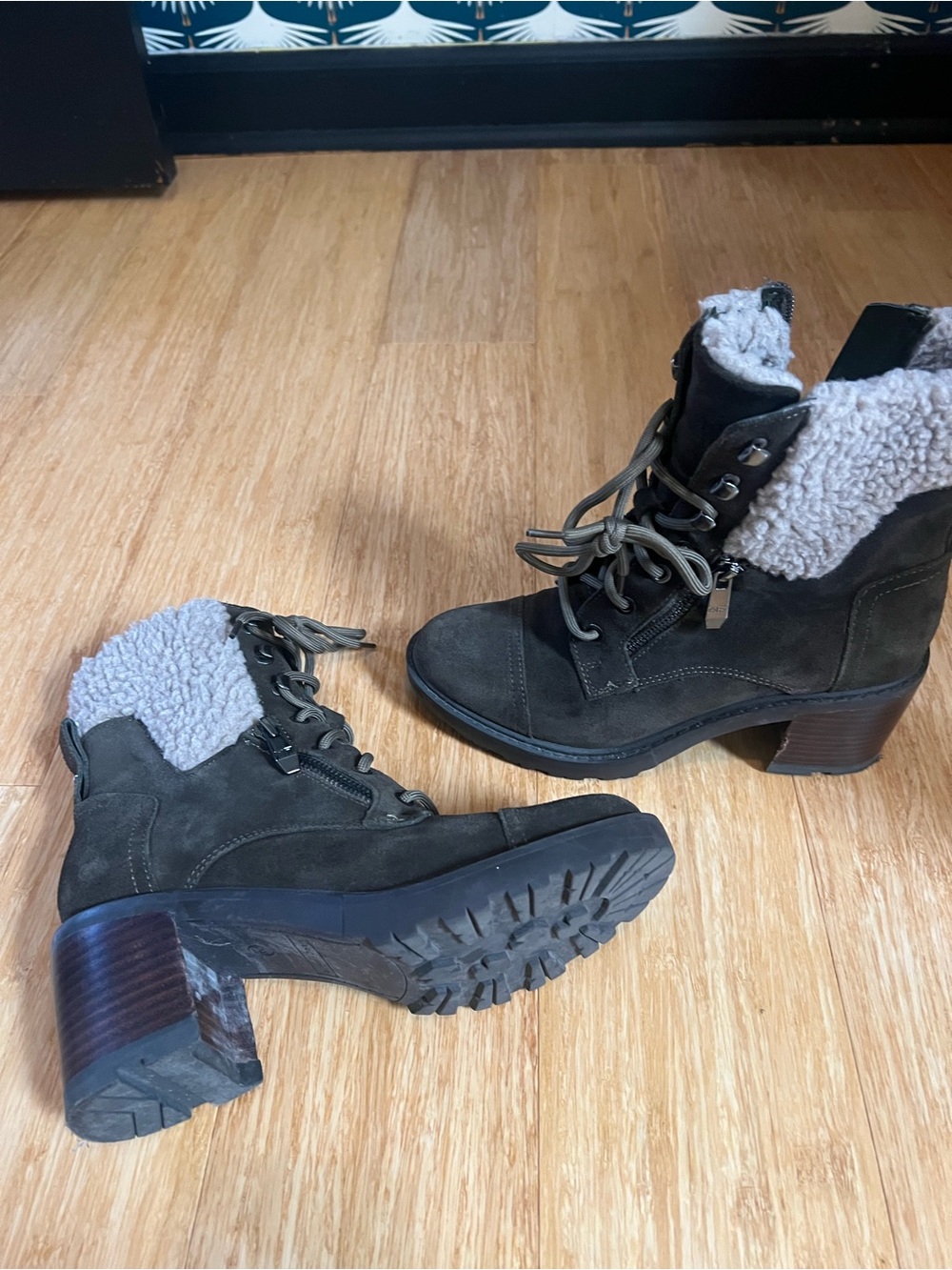 Marc Fisher Olive Green Lace-Up Faux-Shearling Ankle Boots
